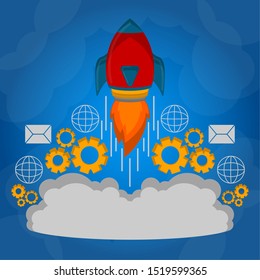 Rocket taking off with a gear. Startup concept - Vector illustration