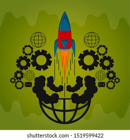 Rocket taking off with a gear and world wide web icon. Startup concept - Vector illustration