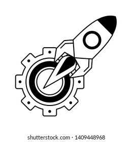 rocket taking off with gears support cartoon vector illustration graphic design