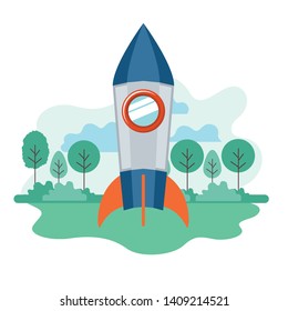 rocket taking off in landscape of background