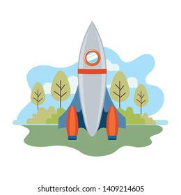 rocket taking off in landscape of background