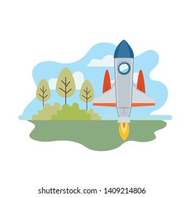 rocket taking off in landscape of background