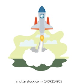rocket taking off in landscape of background