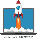 Rocket Taking Off from Laptop Screen, Symbol of New Business Start Up and Product Launch, Successful Start Up and Innovative Business Project with a Creative Idea Vector Illustration