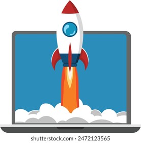 Rocket Taking Off from Laptop Screen, Symbol of New Business Start Up and Product Launch, Successful Start Up and Innovative Business Project with a Creative Idea Vector Illustration