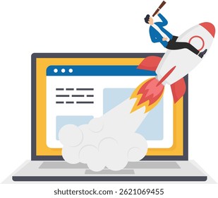 a rocket taking off from a laptop screen and a man pointing to it, startup

