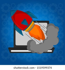 Rocket taking off from a laptop. Startup concept - Vector illustration