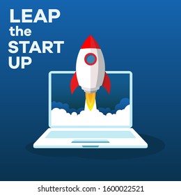 Rocket taking off from a laptop. Suitable for modern start up technology vector illustration.
