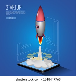 Rocket taking off on a tablet. Business startup concept - Vector