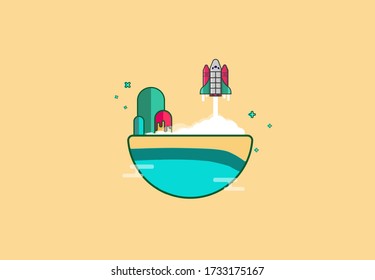 a rocket taking off from the planet with cream background, flat design island , floating island , flat design background, using for strat up, bisuness, wallpaper, banner, and background