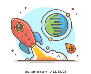 Rocket Taking Off with Planet and Meteorite Space Vector Illustration. Flat Cartoon Style Suitable for Web Landing Page,  Banner, Flyer, Sticker, Wallpaper, Card, Background