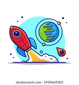 Rocket Taking Off with Planet and Meteorite Cartoon Vector Icon Illustration. Science Technology Icon Concept Isolated Premium Vector. Flat Cartoon Style