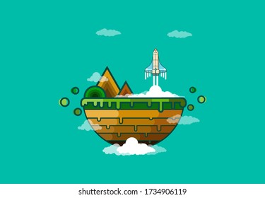 a rocket taking off from the planetwith blue background, flat design background, flat design island, vector illustration, using for start up, business, wallpaper, background, and banner