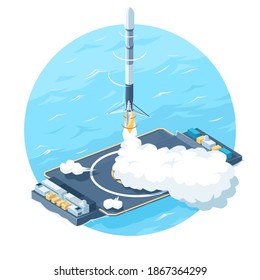 Rocket taking off from the platform. Rocket landing at sea. New missile is under control. Successful landing. success in the Rocket Engineering Business. Flat-style icon. Vector illustration EPS 10