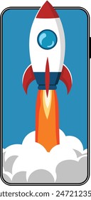 Rocket Taking Off from Smartphone Screen, Symbol of New Business Start Up and Product Launch, Successful Start Up and Innovative Business Project with a Creative Idea Vector Illustration