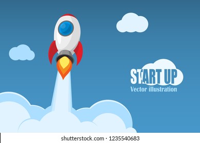 A rocket taking off. Start Up business project. Vector illustration in flat style.
