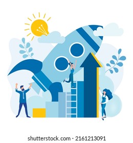 Un despegue de cohetes es un símbolo de una start-up, un exitoso trabajo en equipo Vector ilustración