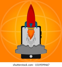 Rocket taking off from a tablet. Startup concept - Vector illustration