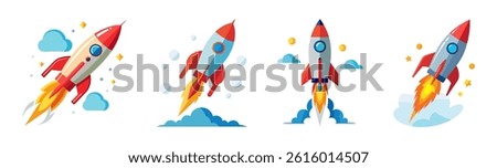 rocket taking Set of four colorful rocket illustrations taking off into space with clouds, stars, and planets. Vibrant, playful cartoon style on a white background