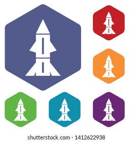 Rocket technology icons vector colorful hexahedron set collection isolated on white