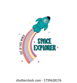 rocket text line space explorer world rainbow colorful star sky tee illustration art vector 