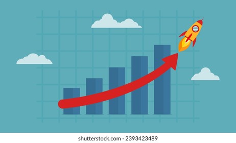 Un cohete que está creciendo con crecimiento exponencial. Inversión. Mayor riqueza o ingreso. Concepto de venta de negocios o maximización de beneficios. Gráfico de informes financieros en crecimiento con una flecha en ascenso.