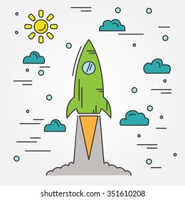  Rocket thin line icon for web and mobile, modern minimalistic flat design. Vector dark grey icon on light grey background.