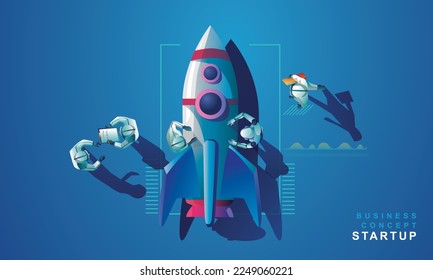 A rocket top view virtual reality Business people and a development team gathered to create a small business. Research analyst for startups for better performance, vector illustration. Flat design.