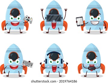 Der Cartoon-Charakter von Rocket-Spielzeug spielt Spiele mit verschiedenen süßen Emoticons. Vektorgrafik