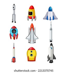 rocket toy set cartoon. spaceship space, science technology, travel ship, fantasy fly, speed rocket toy vector illustration