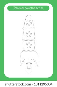 Rocket. Trace and color the picture. Educational game for children. Handwriting and drawing practice. Space theme activity for toddlers, kids.
