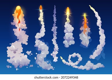 Rocket trail fire smoke isolated on blue. Vector realistic spacecraft startup launch elements. Jet firing flames, airplane shuttle contrails, plane jets track and aircraft aviation fly spaceship steam