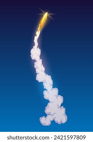 Rocket trail fire smoke, spaceship launch with clouds, spaceflight effects. Space rocket of galaxy shuttle or spacecraft engine. Cartoon vector illustration