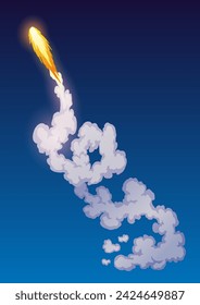 Rocket trail fire smoke, spaceship launch with clouds, spaceflight effects. Space rocket of galaxy shuttle or spacecraft engine. Cartoon vector illustration