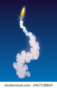 Humo de fuego de sendero de cohetes, lanzamiento de nave espacial con nubes, efectos de vuelo espacial. Cohete espacial del transbordador de la galaxia o motor de la nave espacial. Ilustración vectorial de dibujos animados