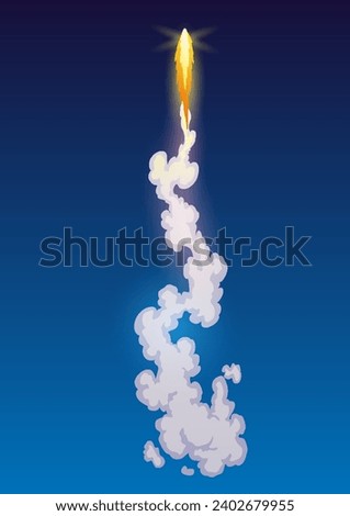 Rocket trail fire smoke, spaceship launch with clouds, spaceflight effects. Space rocket of galaxy shuttle or spacecraft engine. Cartoon vector illustration