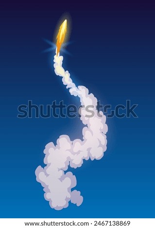 Rocket trail fire smoke, spaceship launch with clouds, spaceflight effects. Space rocket of galaxy shuttle or spacecraft engine. Cartoon vector illustration