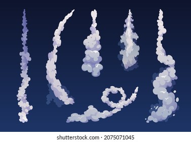 Rocket trail of smoke isolated on blue. Vector plane jets track and aircraft aviation steam in dark sky. Realistic spacecraft startup launch elements. Jet firing flames, airplane shuttle contrails