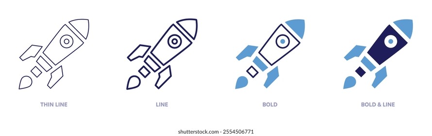 Rocket training icon in 4 different styles. Thin Line, Line, Bold, and Bold Line. Duotone style. Editable stroke.