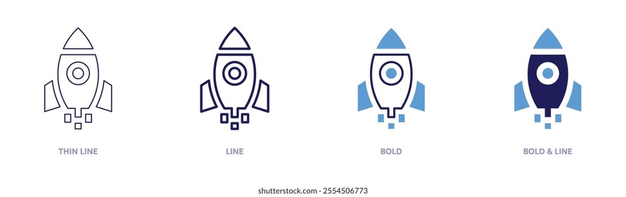 Rocket trajectories icon in 4 different styles. Thin Line, Line, Bold, and Bold Line. Duotone style. Editable stroke.