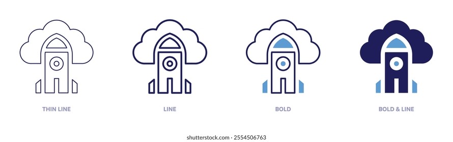 Rocket trajectory icon in 4 different styles. Thin Line, Line, Bold, and Bold Line. Duotone style. Editable stroke.