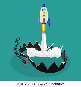 Rocket and Trap. Rocket launches from a trap. The concept of liberation. Starting a business