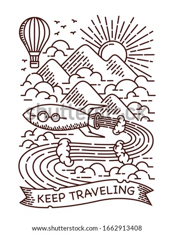 Rocket travel line illustration. hand drawn