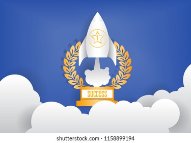 rocket trophy and clound, paper art illustration, digital craft