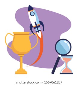 rocket and trophy cup with magnifying glass and hourglass over purple background, colorful design , vector illustration
