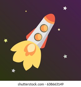 A rocket with two portholes in space among the stars. Vector cartoon illustration. In the portholes, you can add characters to the astronauts