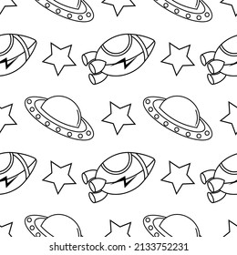 Rocket And Ufo Outline Seamless Pattern With Space Theme On White Background