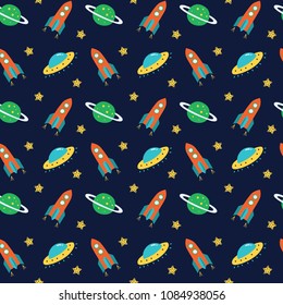 Rocket, ufo, planet, star in navy sky. A playful, modern, and flexible pattern for brand who has cute and fun style. Repeated pattern. Happy, bright, and magical mood.