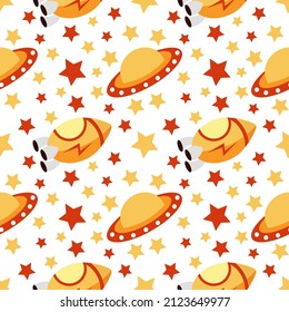 rocket and ufo seamless pattern with space theme on white background