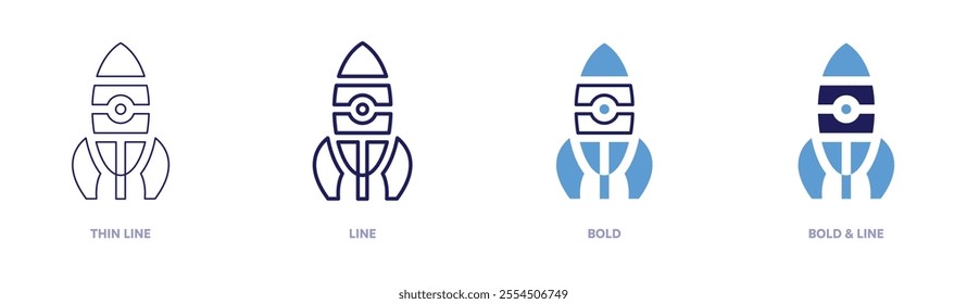 Rocket upgrades icon in 4 different styles. Thin Line, Line, Bold, and Bold Line. Duotone style. Editable stroke.